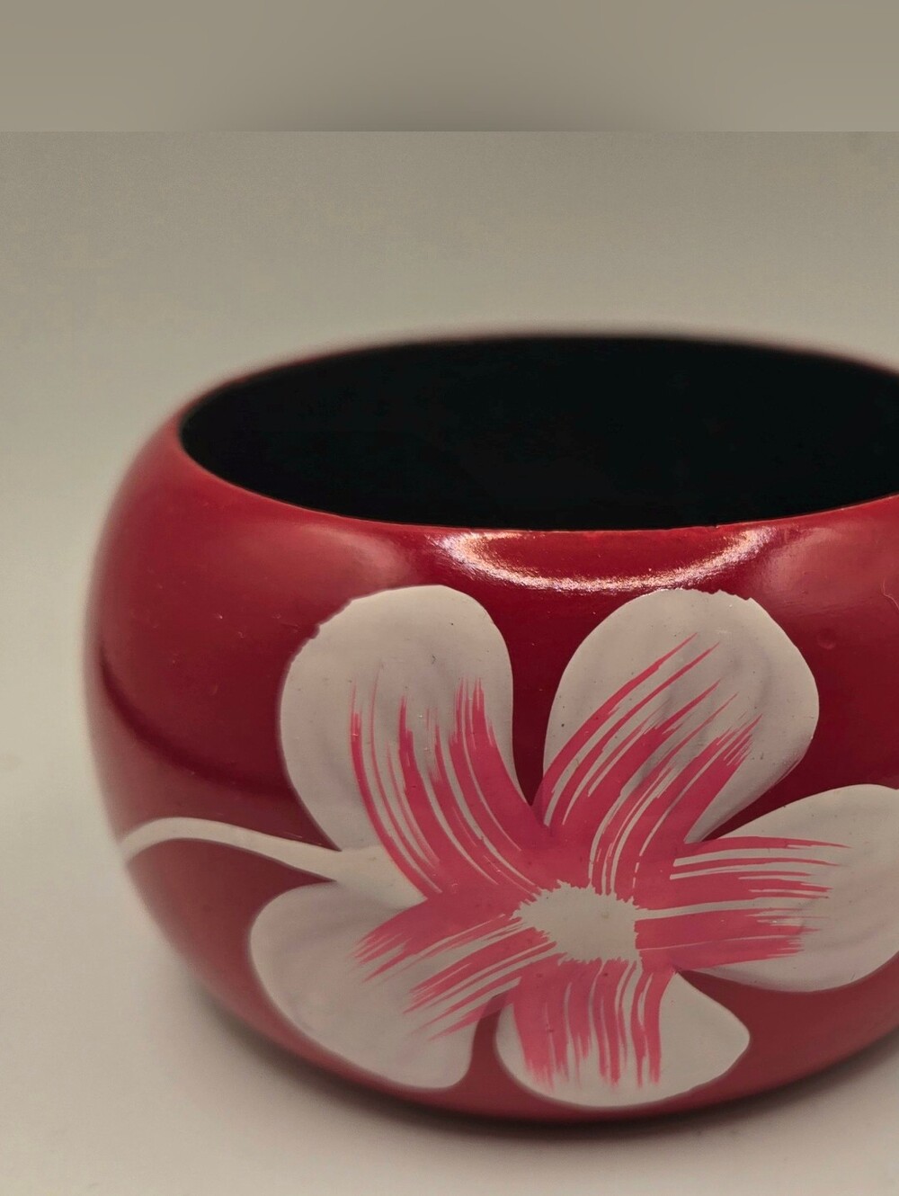Hand-Painted Red Navy Floral Wide Wood Bangle Bracelet Tropical Boho Style